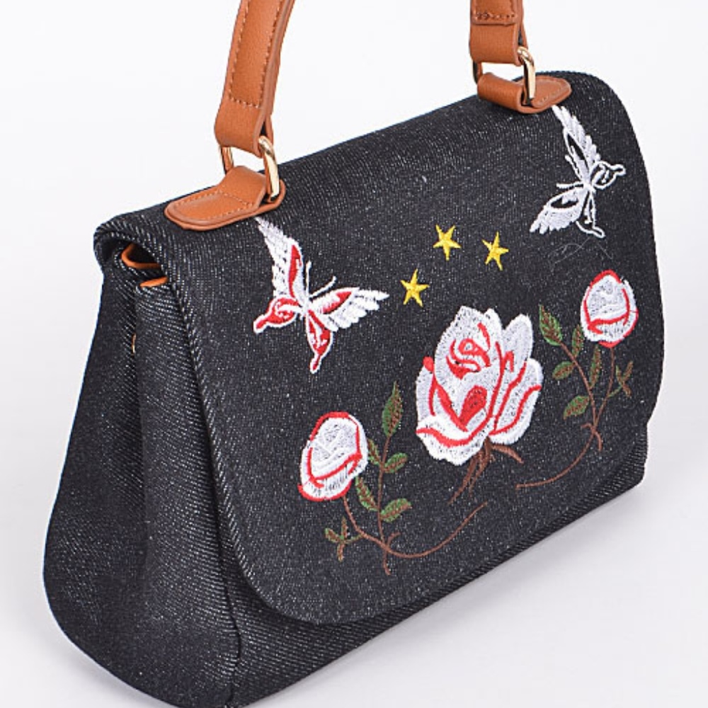 Black Denim Real Embroidery Handbag